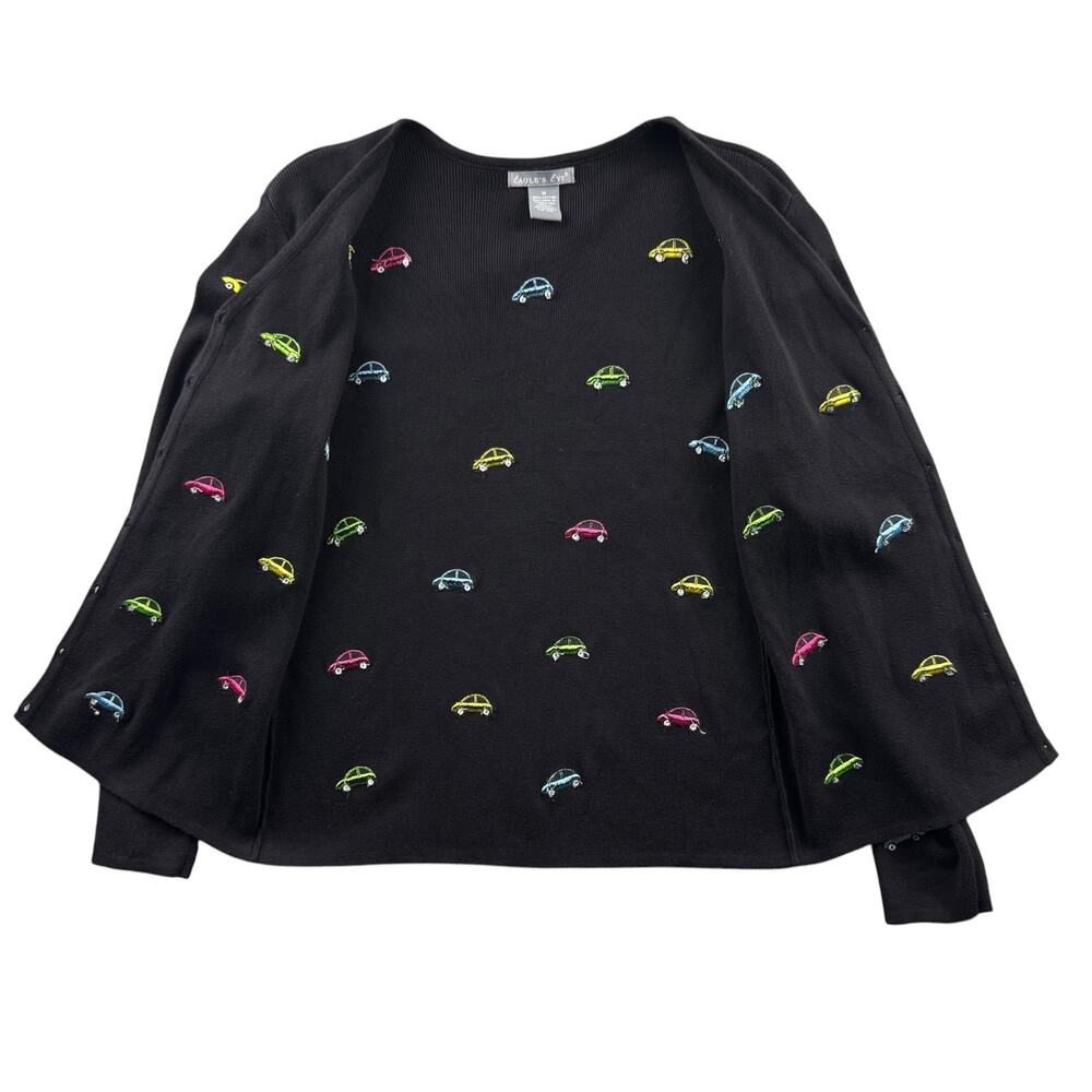 Vintage 90s Eagle's Eye Little Bug Embroidered Car Cardigan Sweater Size Medium - Picture 5 of 10